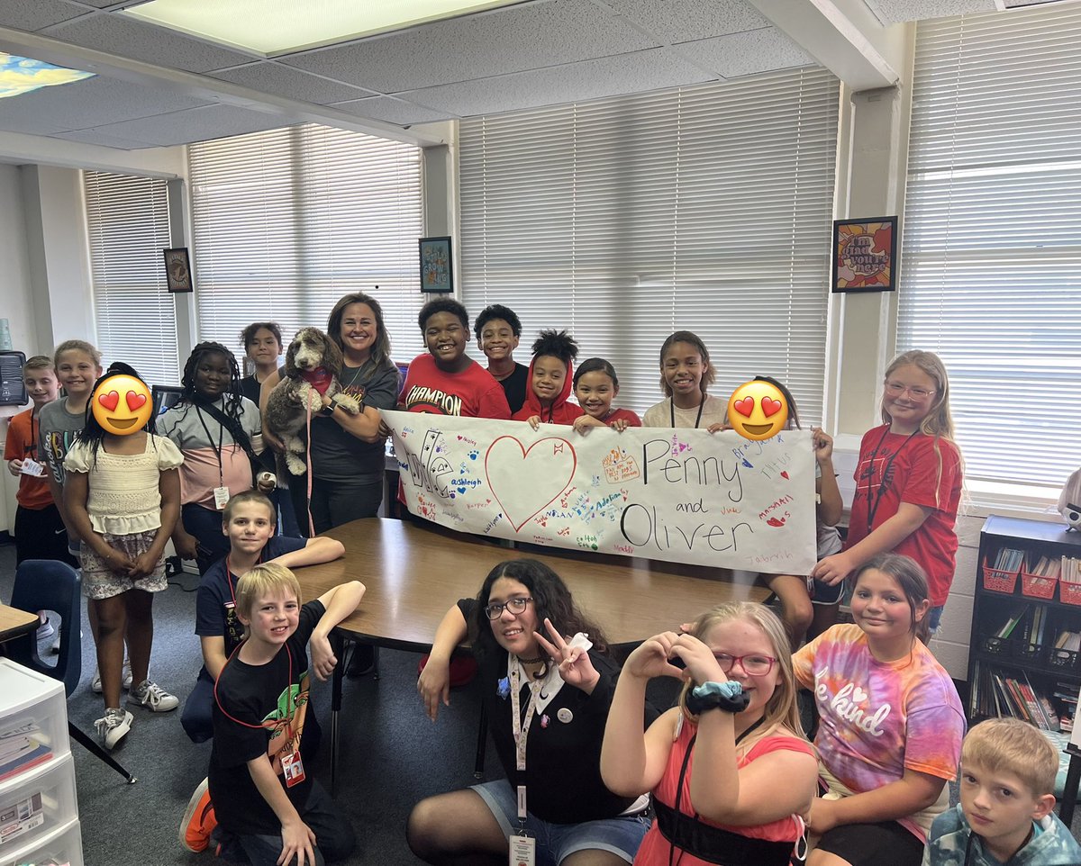 OvertonElem's tweet photo. 5th graders love Penny and Oliver! Thank you to our counselor, Mrs. Clifton, for letting Penny join us in class.  ❤️💛🐾  #OnlyAtOverton #NationalDogDay https://t.co/slSSnFANTf