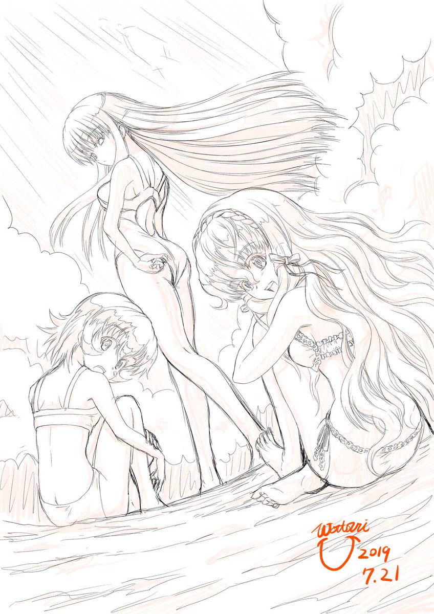 今日もそこそこ暑いので
水分補給に気を付けつつお過ごしください。
イラストは過去絵ですが
ラフから徐々に出来上がって行く
ゼオライマーΩ3人娘の水着姿です。