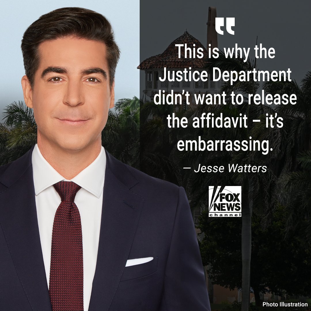 FoxNews's tweet photo. ‘ANOTHER WITCH HUNT’: @JesseBWatters says redacted document detailing search of Mar-A-Lago proves raid was ‘a fishing expedition’ executed by Biden admin officials. https://t.co/1yXx8QJPDD