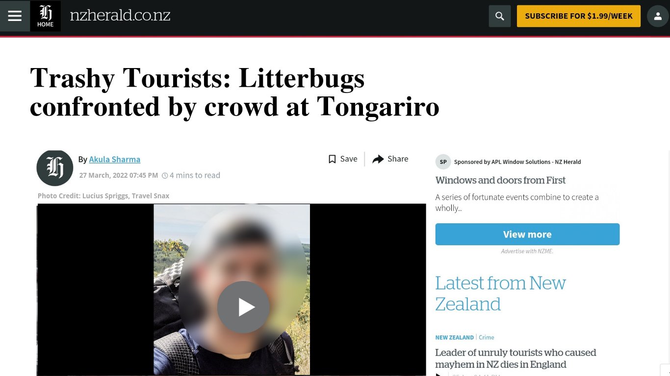 NZ news site reporting "Trashy Tourists: Litterbugs confronted by crowd at Tongaririo"