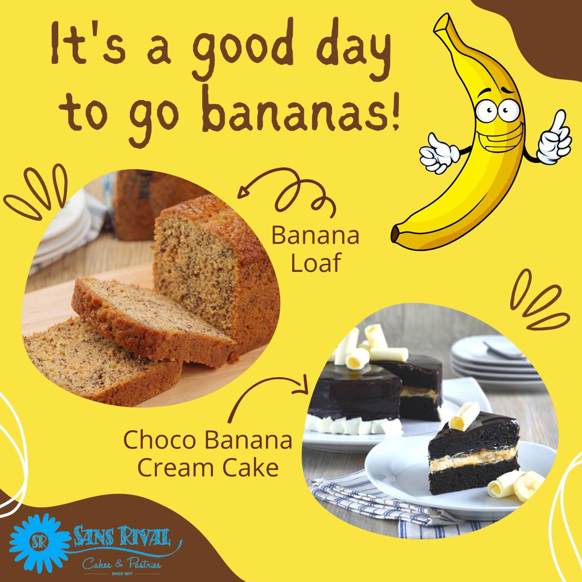 SansRivalPH's tweet photo. Hey Banana Lovers, it's your day today. It's Banana Lovers Day! 🍌🍌🍌 Enjoy some banana based dessert at Sans Rival Cakes &amp; Pastries, we’ve got  two for you!💛💛💛

Available in whole cakes &amp; slices at  all our Dumaguete and Cebu branches.
#sansrivalcakesandpastries https://t.co/KpUtKCnQOY