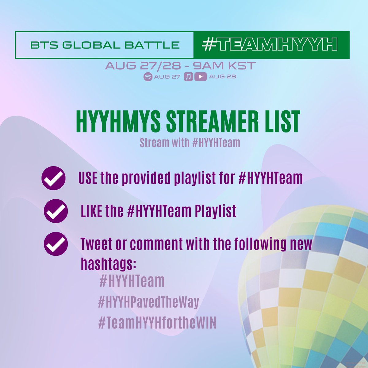 BTStreamSociety's tweet photo. 📢HYYHMYS! 

Here are some fun reminders for our team! :)

Stream &amp; LIKE the playlist!
🦋PL1: https://t.co/WSUCitghVV
🦋PL2: https://t.co/YzSFEHfgXQ
🦋PL3: https://t.co/fK6c0nB1Or

WE WANNA FOCUS ON BTS
HYYH PAVED THE WAY
New HT ➡️  #HYYHTeam
#HYYHPavedTheWay 
#TeamHYYHfortheWIN https://t.co/b6DyCVX11l