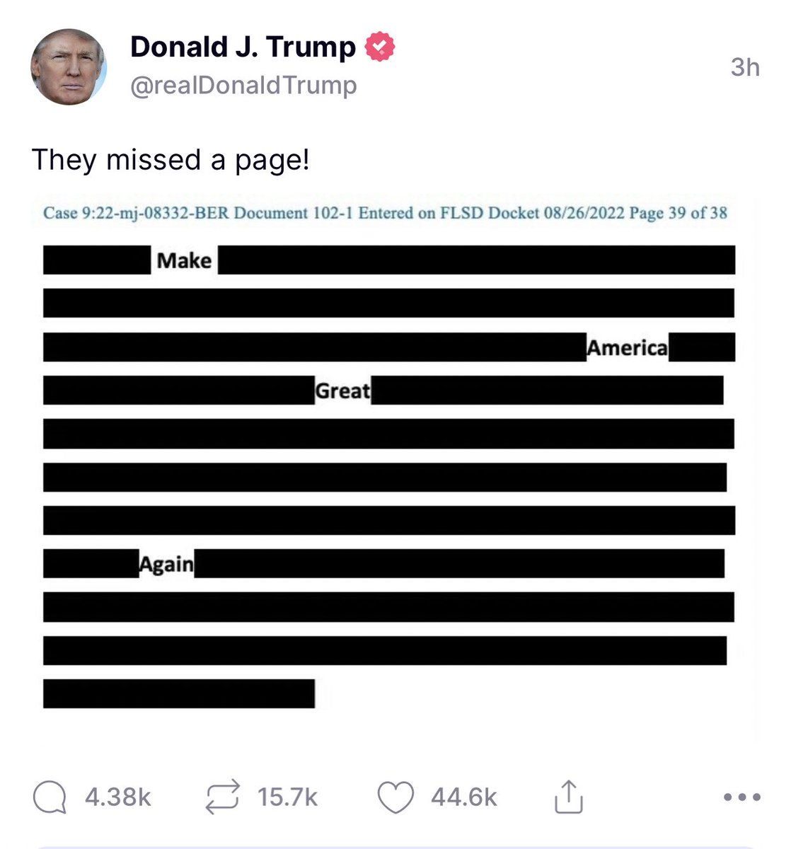 HarrisonKrank's tweet photo. Trumps response to the redacted affidavit. https://t.co/1v8TRK4lUF