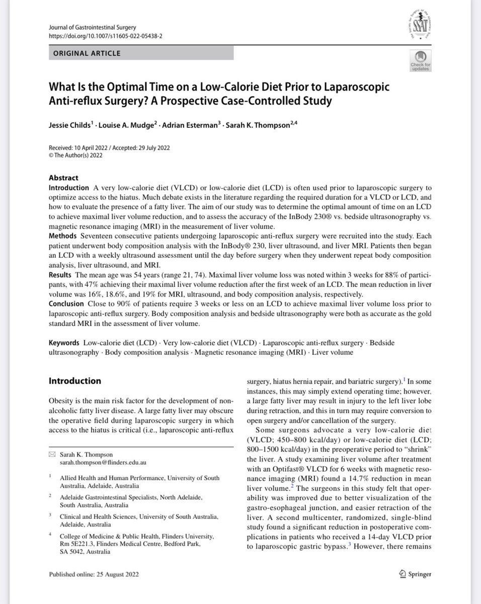 Excited to share our research 🧐 An individualised LCD achieved quality weight loss (fat loss) and close to 90% pt achieved maximal liver volume reduction in 3wk pre anti-reflux surgery. Body Comp Analysis is a reliable indirect marker of liver volume reduction <a href="/JournalofGISurg/">JOGS</a>