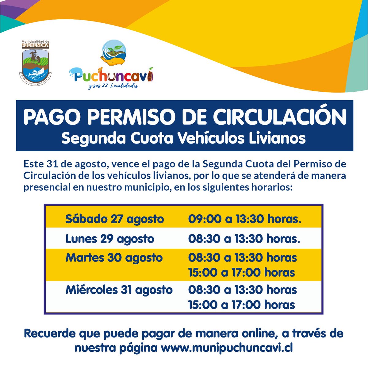 PuchuncaviMuni's tweet photo. VENCIMIENTO PAGO SEGUNDA CUOTA PERMISO DE CIRCULACIÓN

Horarios de atención presencial en el municipio para pagar segunda cuota del permiso de circulación para vehículos livianos.
Recuerde que también se puede pagar online.
Información en la siguiente lámina 👇 https://t.co/W0awgHwqdR
