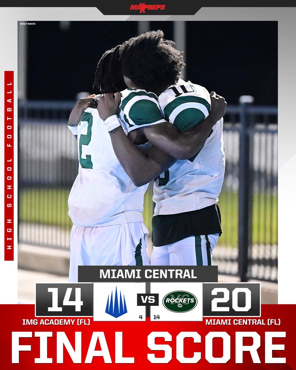MaxPreps's tweet image. No. 14 Miami Central upsets No. 4 IMG Academy 20-14! 👀 @Roc__Nation 

✍️: maxpreps.com/news/CNHHLXZIr…