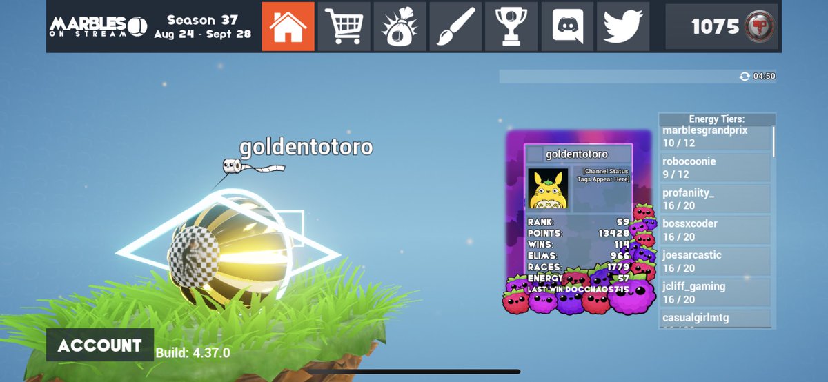 Golden_Totoro's tweet photo. 57 energy (47+ streams). This can definitely be beaten. 13.5 hours. #MarblesOnStream #viewerchallenge @Strange_Tangent https://t.co/5vBJkzDLss