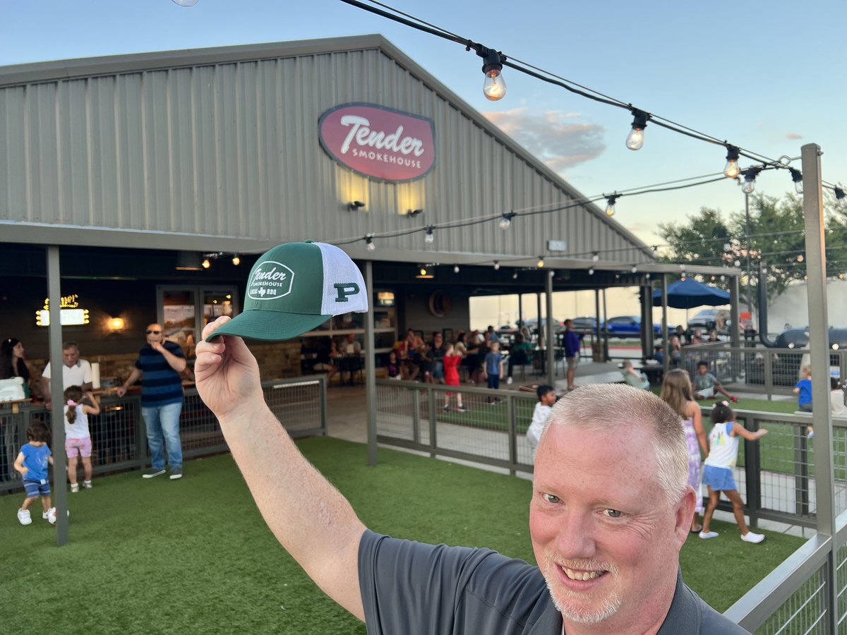 BbqProsper's tweet photo. Even @tsmokehousebbq recognizes the greatness of THE @ProsperHS! Sharp looking hat! Thank you Dante, Chad, & Hayden; brisket on point tonight boys. @ProsperEaglesFB @ProsperISD @prospervb #supportyourlocalpitmasters https://t.co/ZqFlDiGmbr