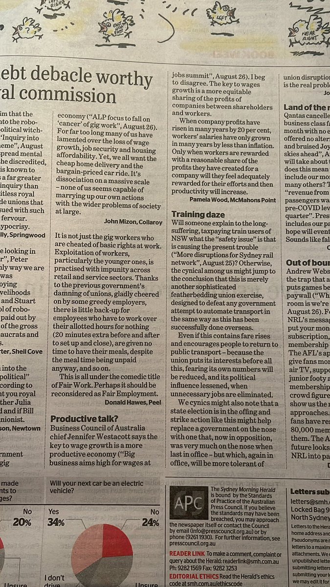 Great #lettertotheeditor from #PamelaWood in the SMH today. “Only when workers are rewarded with an adequate share of the profits they have created will they feel adequately rewarded for their efforts & then productivity will increase” #northsydneyvotes #makessense #auspol