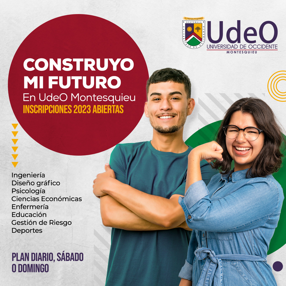 UdeOMontesquieu's tweet photo. 🏗¡Construye tu futuro en UdeO Montesquieu!🏗
Estudia una carrera universitaria en plan diario, sábado o domingo.
INSCRIPCIONES 2023 ABIERTAS
Campus zona 12
#udeomontesquieu #enUdeOMontesquieu #libreparaprogresar #universidaddeoccidente https://t.co/AQ3GAnNOwo