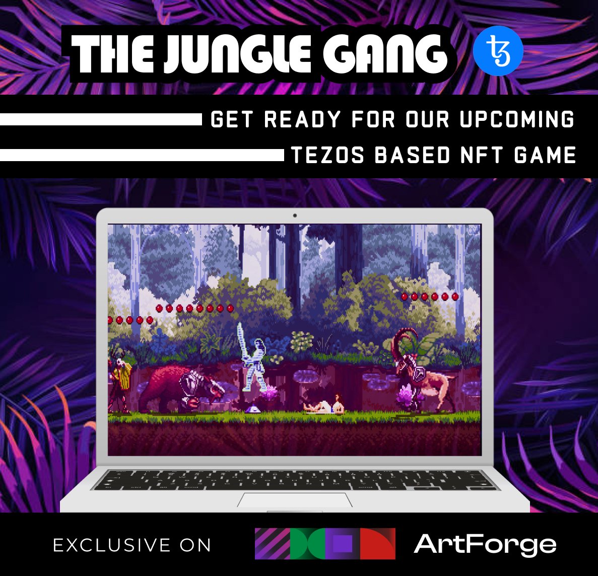 Fight_Club_NFT's tweet photo. @WeirdScience8_0 The Jungle Gang Team is working on an exciting new #tezos 2D Side Scroller NFT game for 'The Jungle Gang'

Thier NFTs are minting live exclusive on Artforge

👇 NFT Mint  https://t.co/kVWCpOpj2K

#NFTGame #CleanNFTs https://t.co/LBUY5yaVjs