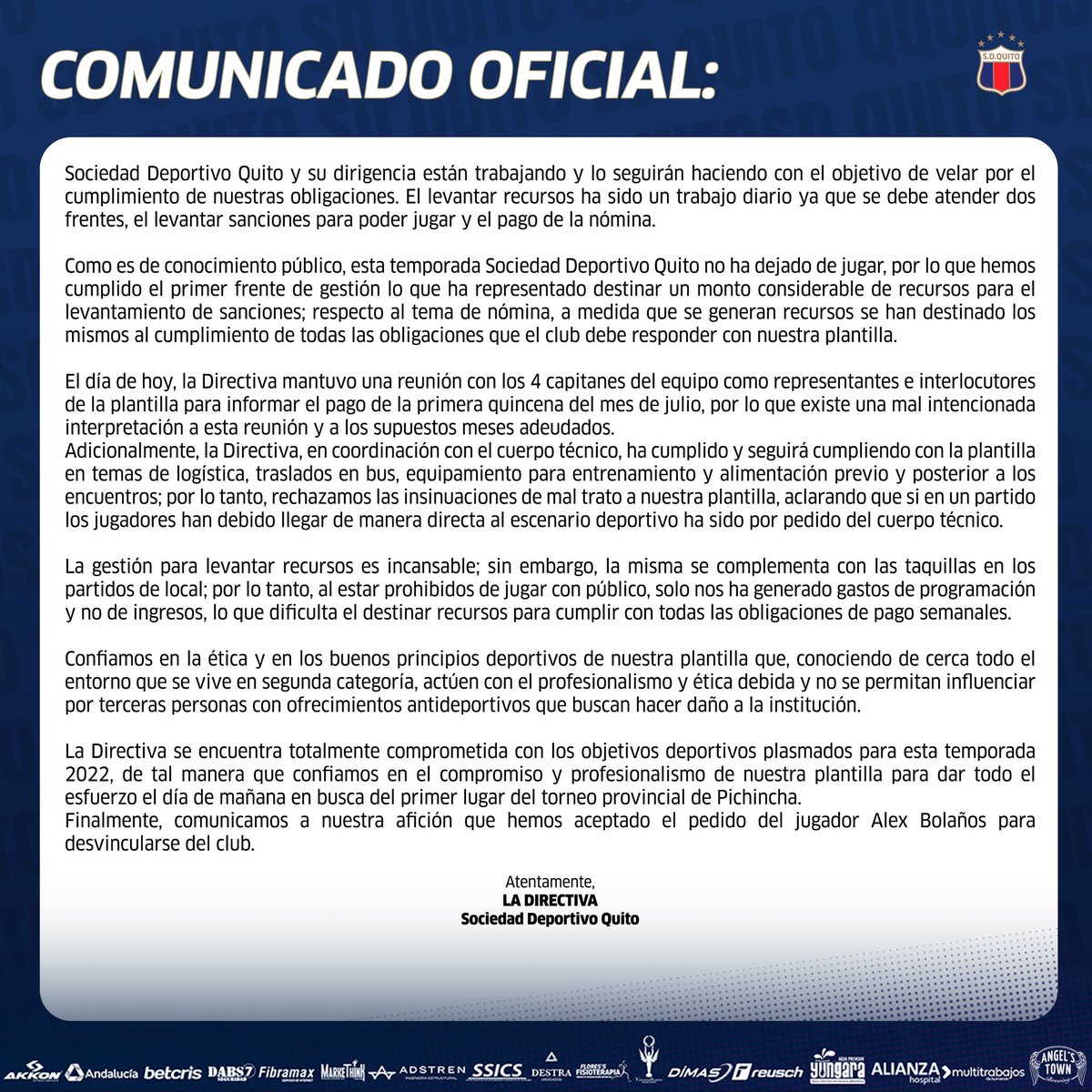 SDQuito_Oficial's tweet photo. COMUNICADO OFICIAL https://t.co/buZAVVLBEG
