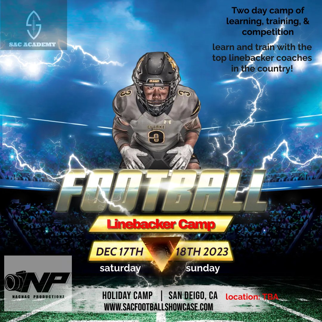 <a href="/CesarGuerra2005/">Cesar Guerra</a> YOU'RE INVITED TO THE SAC ACADEMY FOOTBALL LINEBACKER CAMP (HOLIDAY CAMP). SAN DIEGO, CALIFORNIA  DEC 17TH AND 18TH 2023. LEARN AND TRAIN WITH THE TOP LINEBACKER COACHES IN THE COUNTRY. COMPETE IN SPECIFIC LB DRILLS. REGISTER SACFOOTBALLSHOWCASE.COM