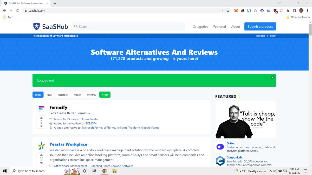 formsifying's tweet image. Formsify is trending on @SaaSHubCom today! 🥳

👉 Check it out: saashub.com/formsify-alter…