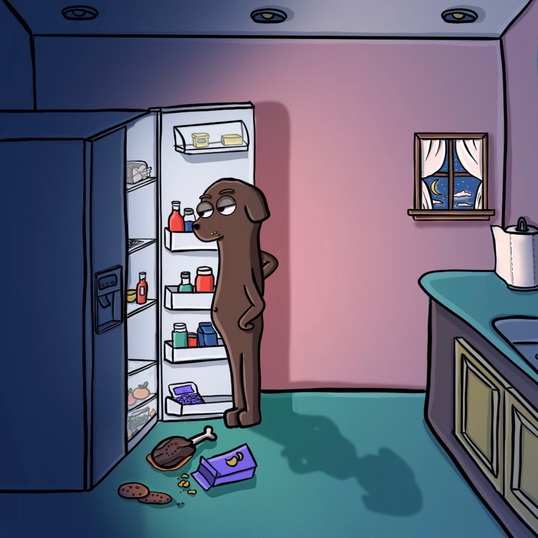 Cartoon 238/365, year 2. Raise your hand if you get up in the middle of the night for snacks. I don’t do it often, but Tim does 🤣