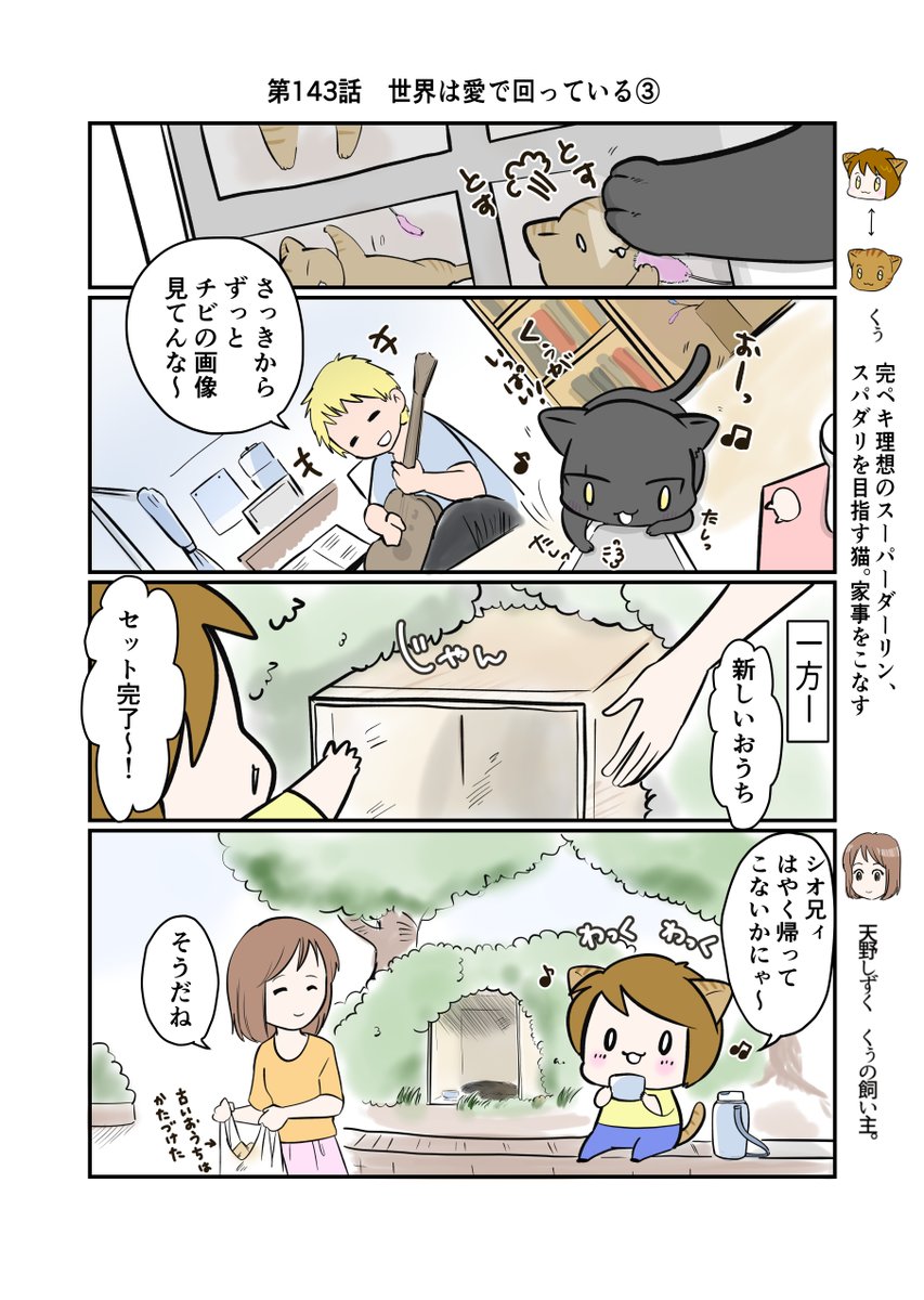 #スパダリにゃんこ
#くぅの日常 第143話
世界は愛で回っている③
ハイスペックなスーパーダーリン、スパダリ猫を目指すくぅと、飼い主しずくの日常マンガ。
友人宅ですっかりくつろぎモードのシオ。シオの帰りを待つくぅ。すれ違う2匹は会うことができるのか?
#猫マンガ