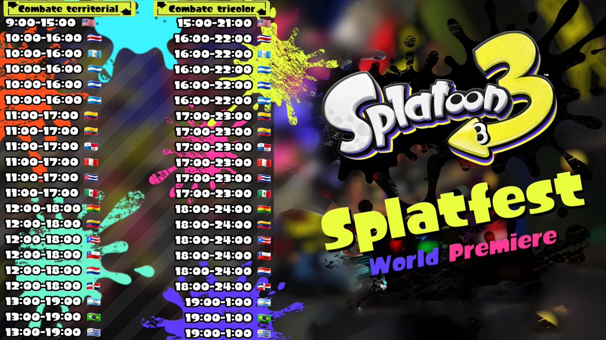 SplatoonLATAM's tweet photo. ¿Se te olvidó o no sabes en que hora será el #Splatoon3: Splatfest World Premiere en América?

Aquí tienes una gran lista de horarios de todos los países de Latinoamérica, dividida en 2 partes:
Combates Territoriales y Combates Tricolor. https://t.co/8ek1BW9WGJ