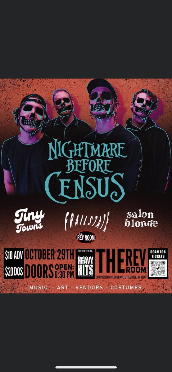 tinytownsband's tweet photo. TT insta post:

“WE’RE PUTTING ON ONE BANGER OF A HALLOWEEN PARTY WITH SOME OF OUR BEST PALS. @censusband / @FrailstateBand / @Salonblondetn 

TICKET LINK IN BIO (WE ALSO HAVE PHYSICALS)” https://t.co/yw1OYNppfK