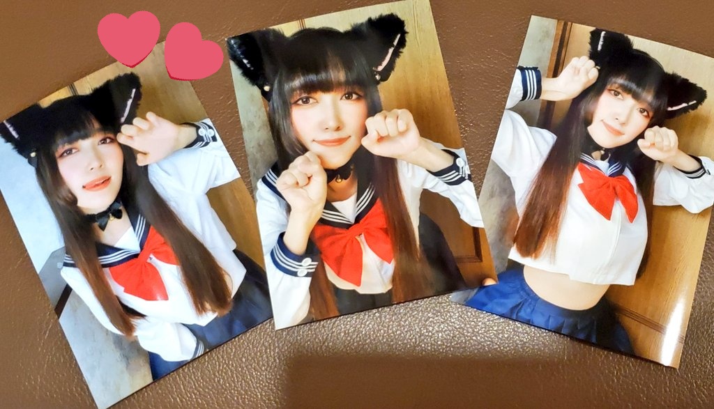 #コンカフェ オープンしました❣️
猫耳セーラーのブロマイド３種🐈
会いに来てね💗
#ラーメン美谷 #マゼカフェ