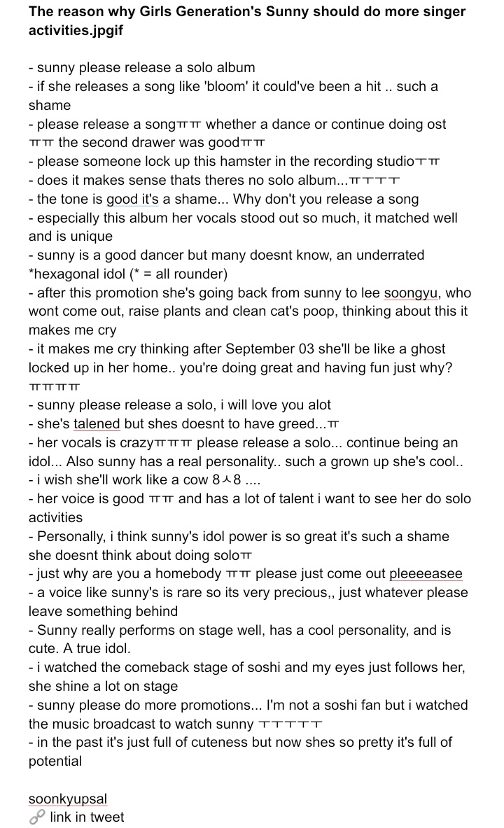 soonkyupsal's tweet photo. [TRANS] 📰 theqoo trending topic: 

"The reason why Girls Generation's Sunny should do more singer activities." with over 59K views 👀 and 270 comments 💬. 

🔗 https://t.co/nl6Aq7qS27

#써니 #SUNNY https://t.co/xdVluuGFlf