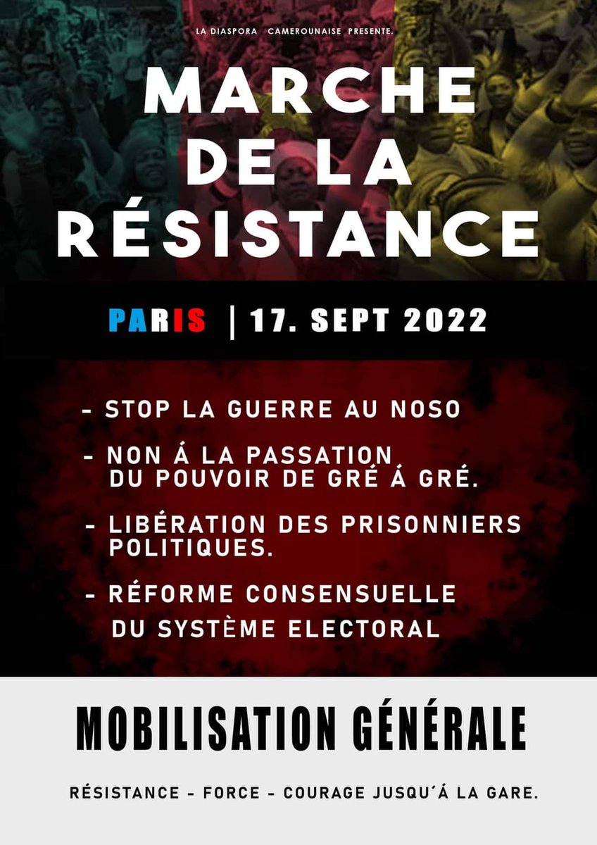 WHero2020's tweet photo. La mobilisation de la diaspora 🇨🇲 contre la #DictatureBiya et son complice @EmmanuelMacron se poursuit.
#17Septembre2022 à #Paris.

#FranceDégage
#LiberezlesPrisonniersPolitiques 
#EndAnglophoneCrisis
#FinduFCFA 
#FinduSoutienauxDictatures
#ReformeConsensuelleDuSystemeElectoral https://t.co/xpek2Tplb8