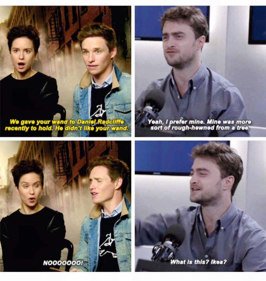 PotterWorldUK's tweet photo. Daniel Radcliffe attacks Eddie Redmayne's wand https://t.co/OM07X2Xrpx