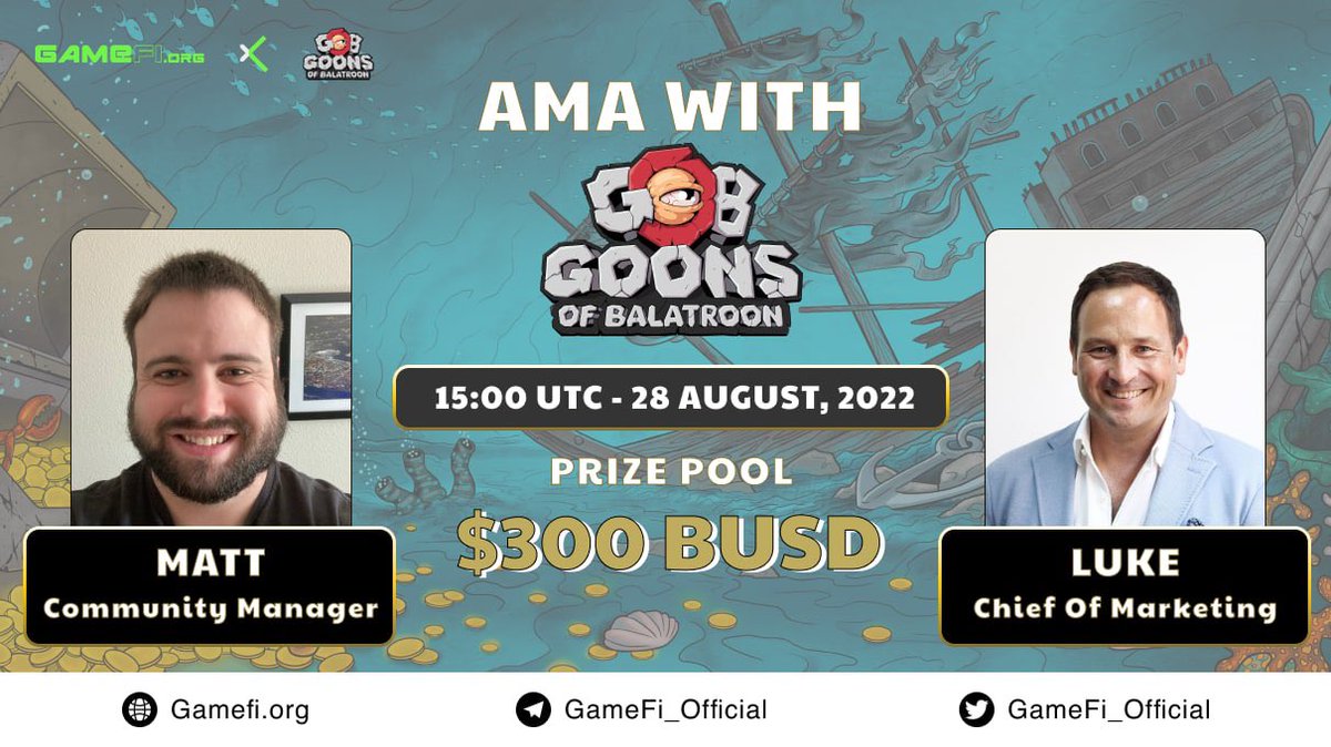 GameFi_Official's tweet photo. 🔔🔔@GoonsNft AMA incoming! 

Join us tomorrow at 15:00 UTC on Telegram for a chance to win $300

Rules:
▪️Follow @GameFi_Official &amp; @GoonsNft
▪️Like &amp; Retweet &amp; drop ONE question  
▪️Join https://t.co/VcoCPMt668

 $GAFI #GameFi_AMA https://t.co/1WKGZRaoGh