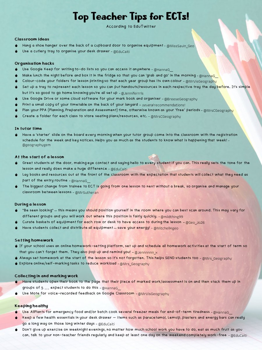 EduCaiti's tweet image. ✨🍎 Top Teacher Tips for ECTs!🍎✨

Thanks to several educators on #EduTwitter (mostly #geographyteacher), here's a comprehensive list of some of the top tips teachers have to offer those starting their careers this September. Do share with your ECTs! 

drive.google.com/drive/folders/…