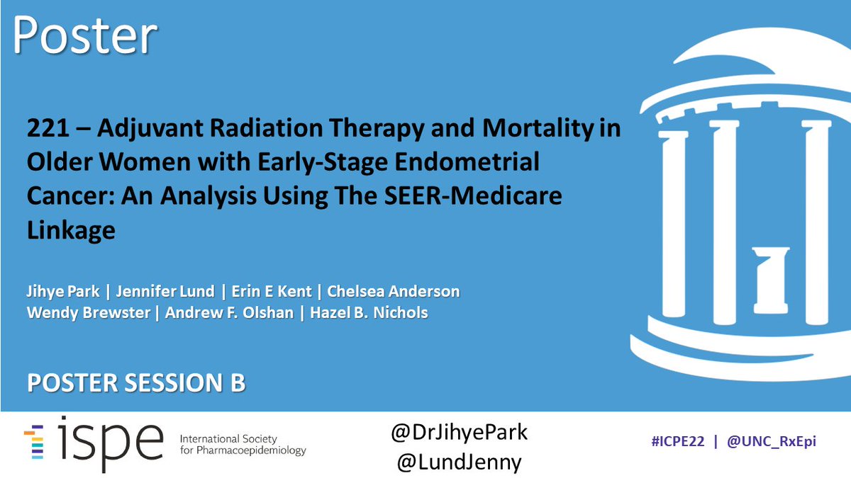 UNC Pharmacoepi (@unc_rxepi) on Twitter photo Poster Presentation at #ICPE22 by <a href="/DrJihyePark/">Jihye Park, PhD, MSPH, RN</a>
@LundJenny
Adjuvant Radiation Therapy and Mortality in
Older Women with Early-Stage Endometrial Cancer: An Analysis Using The SEER-Medicare Linkage
📌Poster Session B
<a href="/UNCSPHResearch/">UNC Gillings Research</a> #Cancer Poster Presentation at #ICPE22 by <a href="/DrJihyePark/">Jihye Park, PhD, MSPH, RN</a>
@LundJenny
Adjuvant Radiation Therapy and Mortality in
Older Women with Early-Stage Endometrial Cancer: An Analysis Using The SEER-Medicare Linkage
📌Poster Session B
<a href="/UNCSPHResearch/">UNC Gillings Research</a> #Cancer