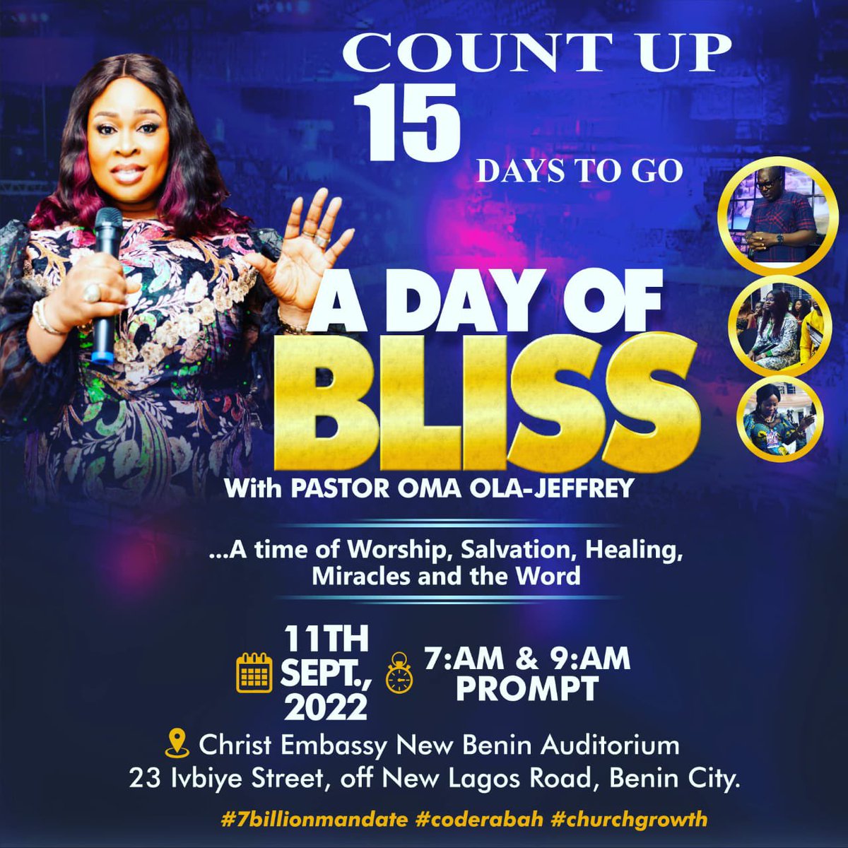 OmaJeffrey's tweet photo. Itβs 15 Days to DAY OF BLISS! My heart is inditing a good matter! Our journey to DOB is paved with propheciesπππ
#dayofbliss
#DOBwithPOOJ
#cellministry
#7billionmandate
#soultracker
#ceclfportal
#coderabah
#coderabahactivated
#coderabahmovement
#cenewbenin
#cemidwestzone https://t.co/1DBxpKP7Jd