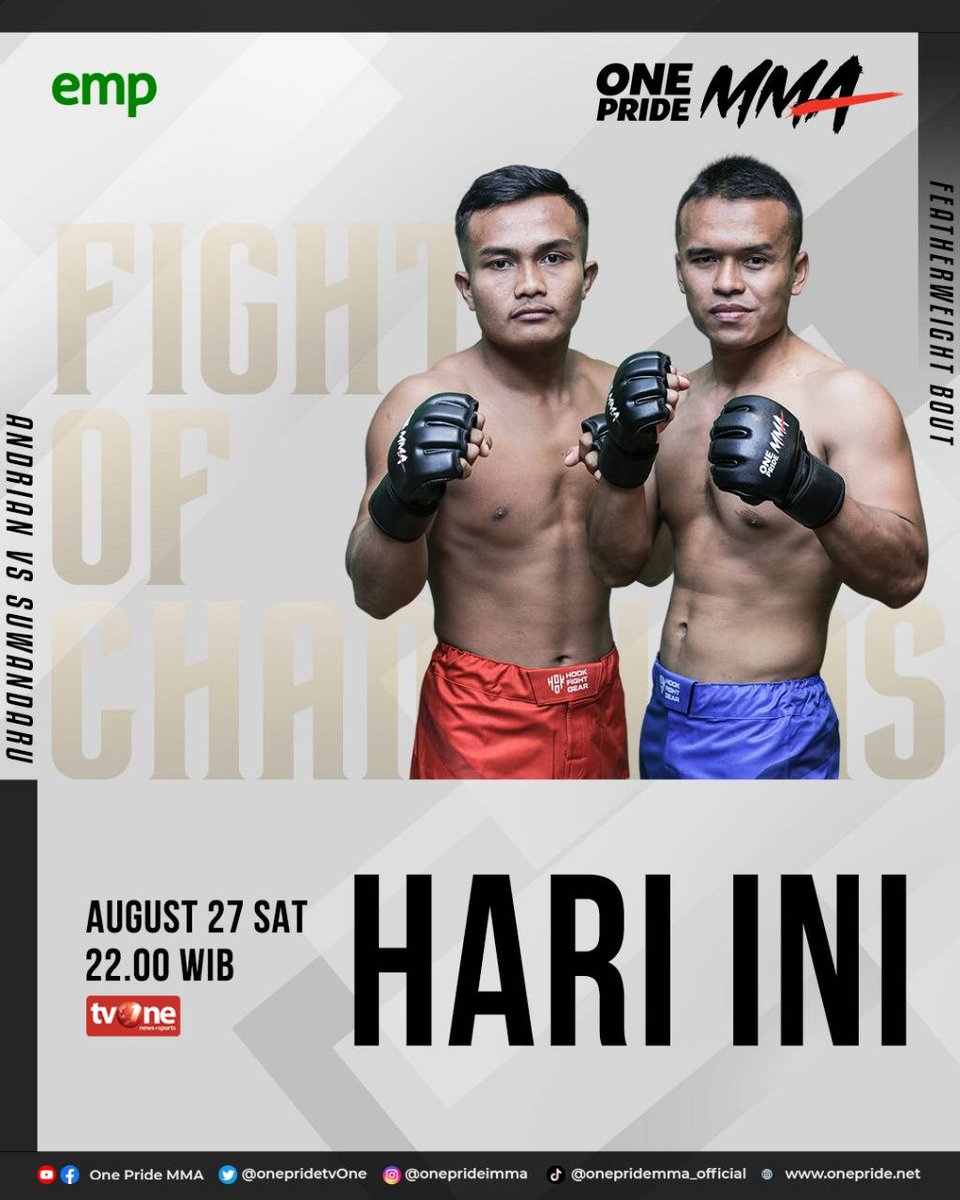 onepride_mma's tweet photo. Fight Night 61🏆
Malam ini, oktagon akan menjadi tempat pertempuran kelas bulu antara Andrian Kussubianto vs Suwandaru
.
[FN61 | Sabtu, 27 Agustus 2022 jam 22.00 WIB | Live di tvOne + YouTube One Pride MMA]
.
#OneprideMMA #OnepridetvOne #FightNight61 #KOBI https://t.co/cBQoCEBZcZ