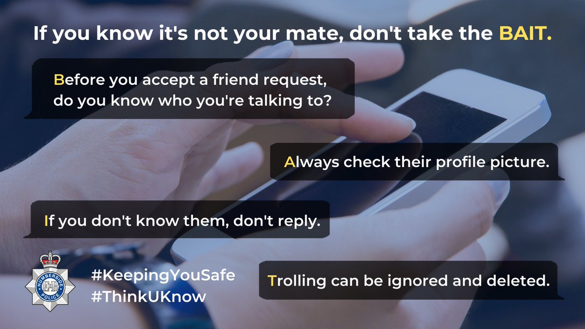 Humberbeat's tweet photo. Do your children know who they are talking to online? 

If it's not your mate, don't take the BAIT!

#KeepingYouSafe #ThinkUKnow #ChildSafety https://t.co/dnB2KApX1Q