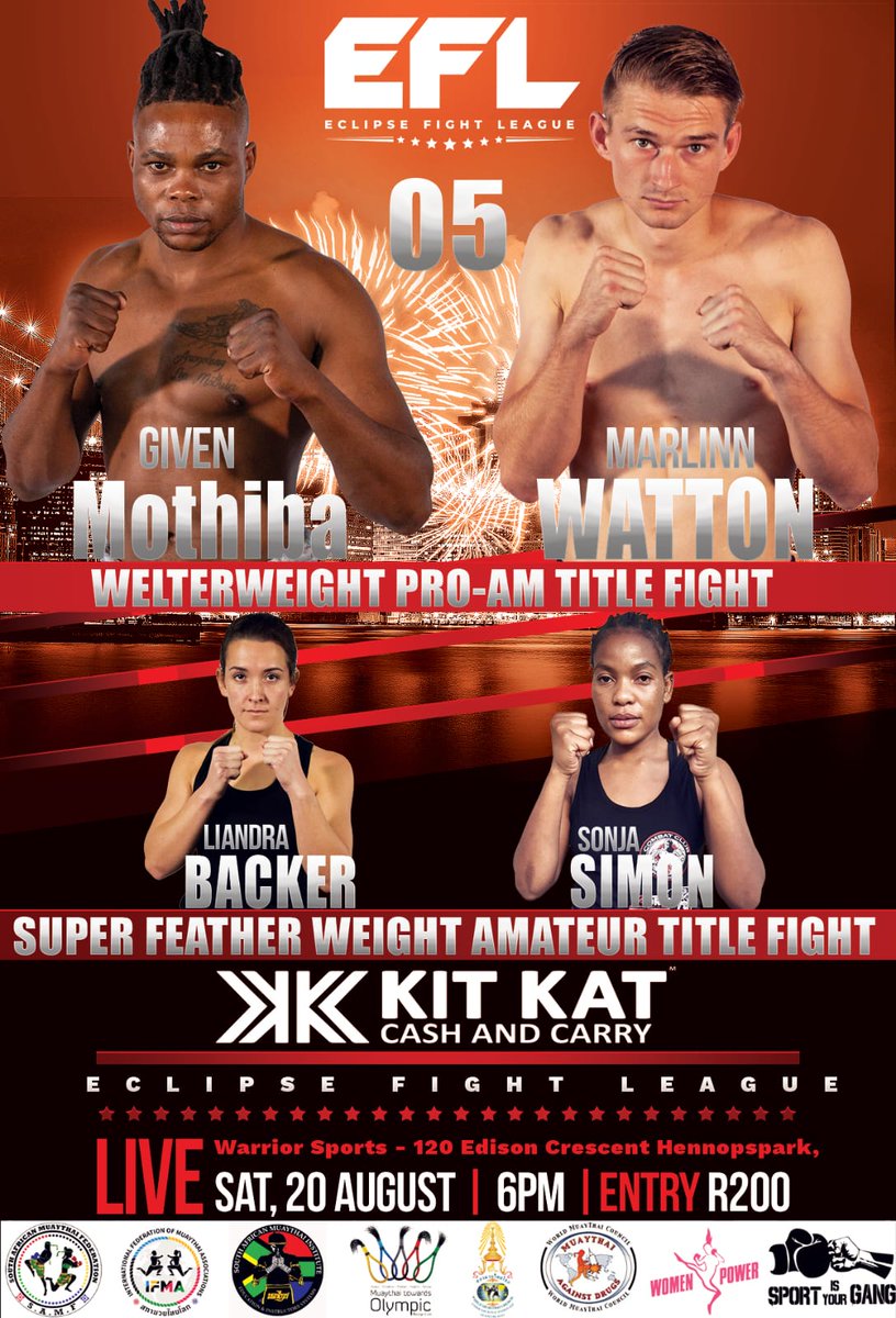 WattonKru's tweet photo. Get ready for an action packed #MuayThai #fightnight 🥊Join us at 7pm live on YouTube:https://t.co/YvJO1Tgdgx
The first Eclipse Fight League Title Fights!! @WSACenturion @Tshi_Nakanyane @razeenkitkat7 @Muhammed_KitKat https://t.co/GTrur3ZnqG