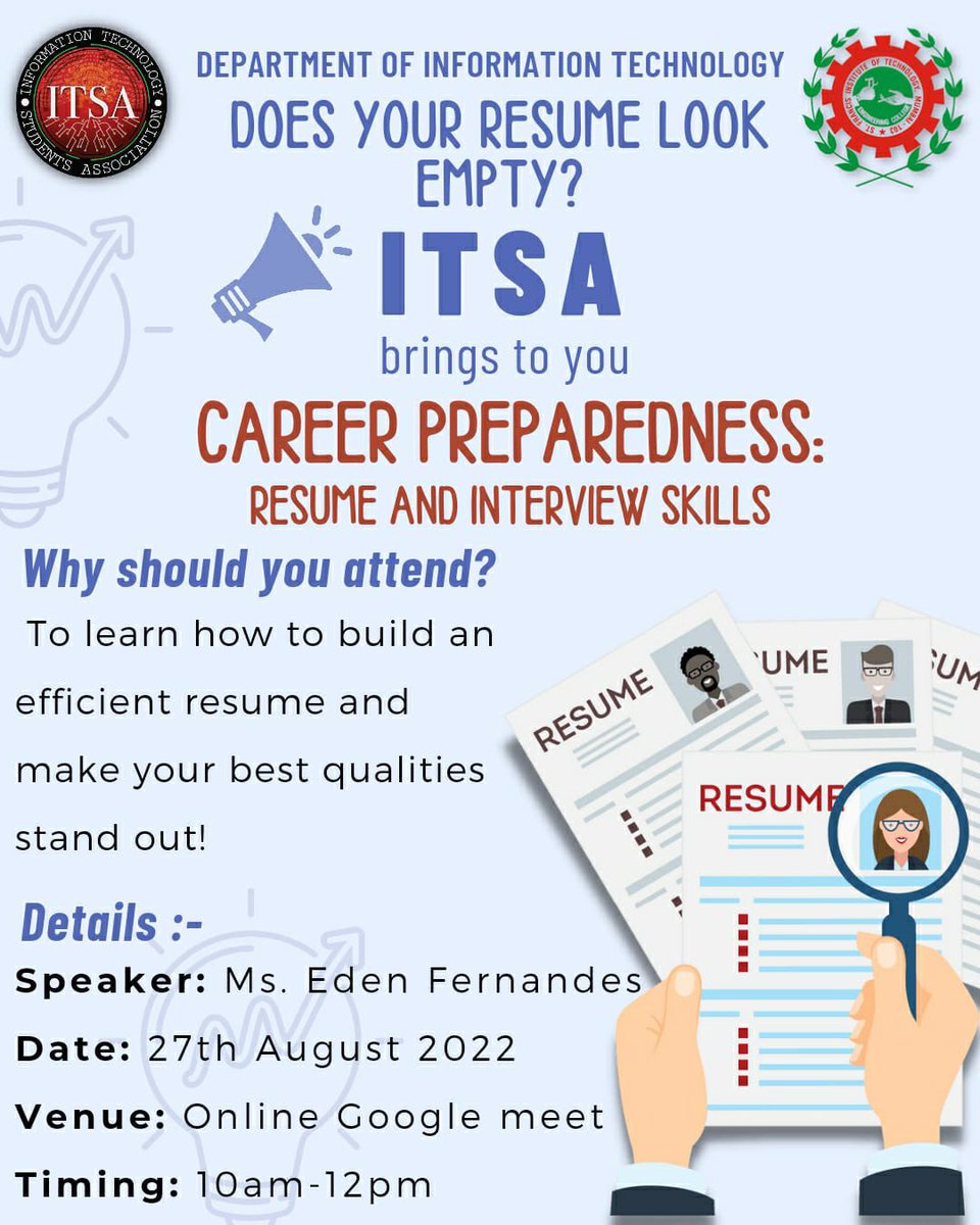 itsa_sfit's tweet photo. Our first event, CAREER PREPAREDNESS: Resume Writing and Interview Skills workshop hosted by Ms Eden Fernandes.✨
The event granted students into the insider of skills you need to nail any interview.👏🏻📃🧐
#ITSA #itsa #resume #resumetips #resumewriting https://t.co/HLL66O4qLd