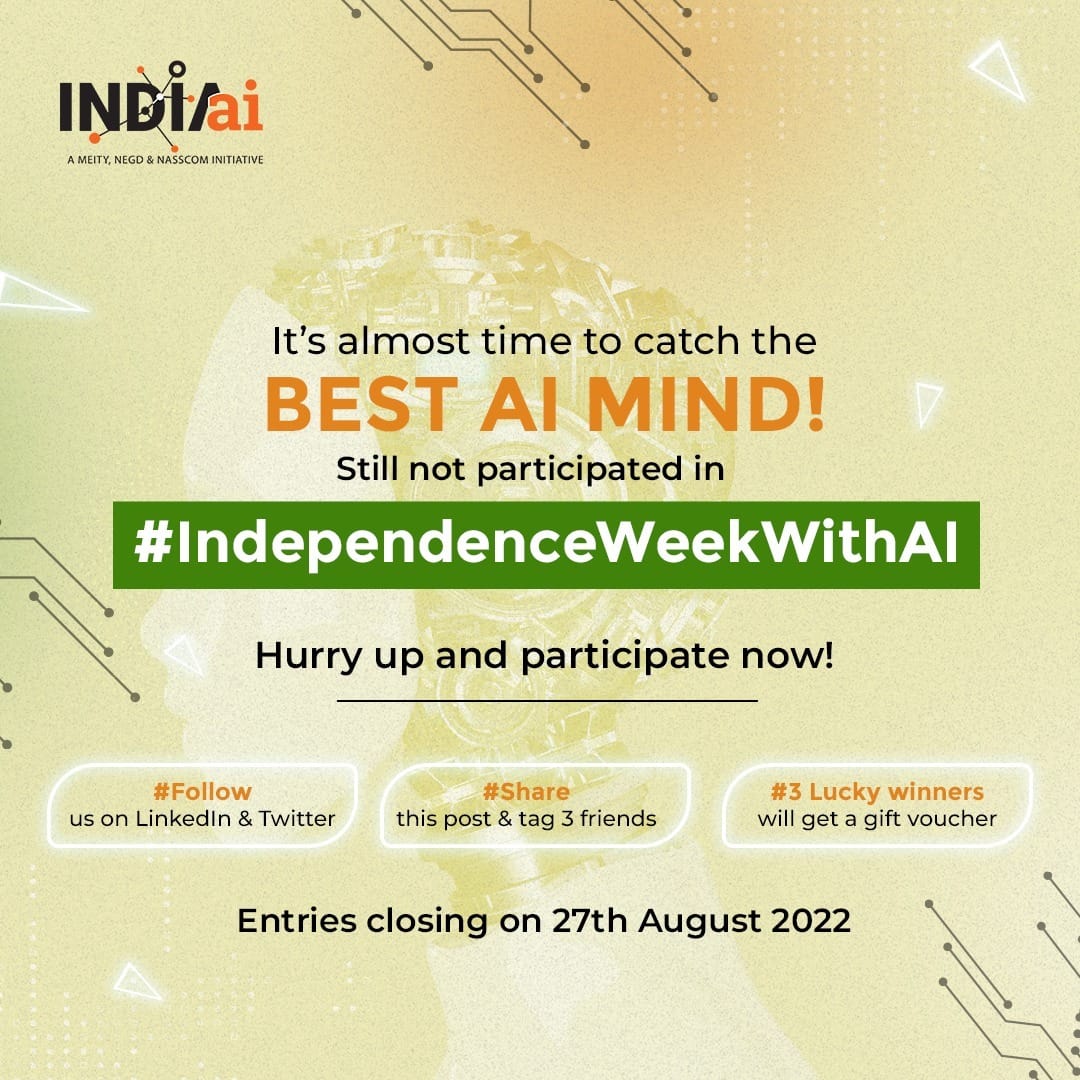 OfficialINDIAai's tweet photo. Hello #AIEnthusiasts! Have you taken up the #IndependenceWeekWithAI challenge? If not, then do it right away to win an exclusive gift Voucher!
#ContestAlert #Giveaway #aicommunity #Contest #machinelearning #engineering #technologysolutions #innovation #futuretrends #excitingnews https://t.co/SnXPFFEg29