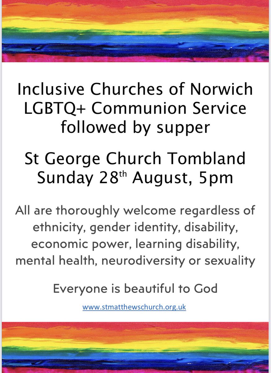 alariclewis's tweet photo. Come join us Sunday at 5 pm - all are welcome!!! #Norwich #inclusivechurch #LGBTQIA  @NorwichPride @StTombland @SGeorgeColegate https://t.co/KshPRGMjIJ