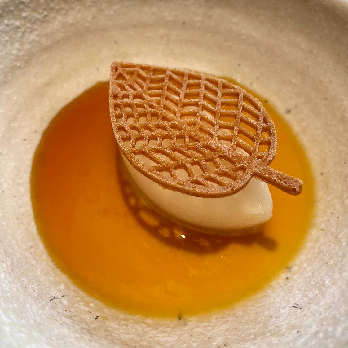Iced cider custard topped with bitter caramel, roasted apple sorbet and buckwheat tuile 🍂