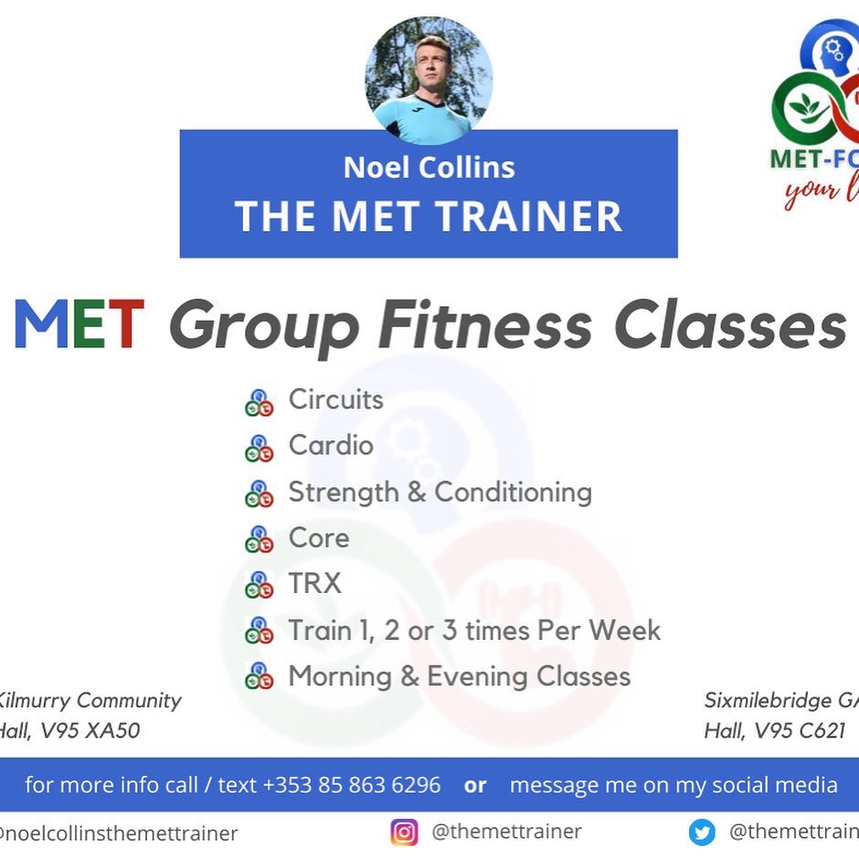 themettrainer's tweet photo. Group Fitness Classes starting Monday 5th of September in Kilmurry Community Hall + Sixmilebridge GAA Hall. 💪

MET Personal Training (1:1, 2:1, Post Natal) starting Tuesday 13th of September. 💪 https://t.co/gLv3EdfQi2
