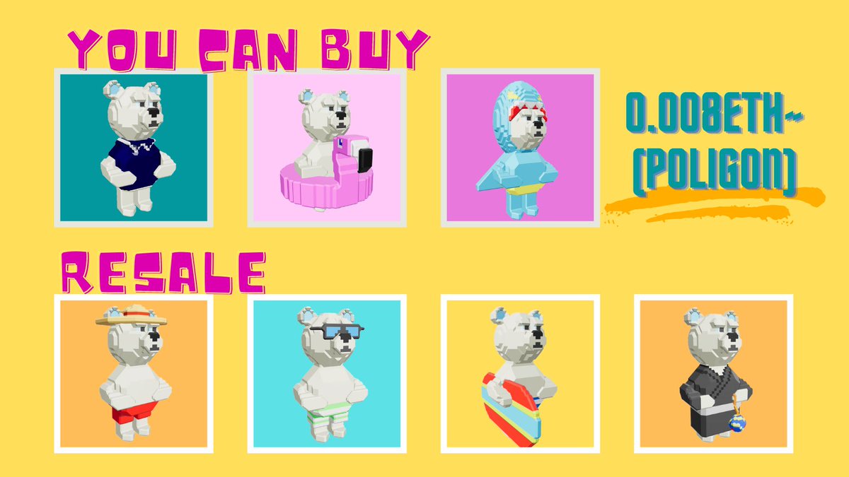 <a href="/ppppuresabu/">ぷれさぶ＠NFT</a> ぷれさぶさんこんにちは！
宣伝失礼します🙇‍♂️

お洒落なボクセルしろくまいかがでしょうか？🐻‍❄️

3Dボクセルなのでメタバースとの相性抜群🙆‍♂️

1列目の子達は一次お迎え特典で、PFPに使えるサムネイル画像もプレゼントしてます🎁

0.008ETH（polygon）〜

ぜひコレクションまで☺️
opensea.io/collection/pol…