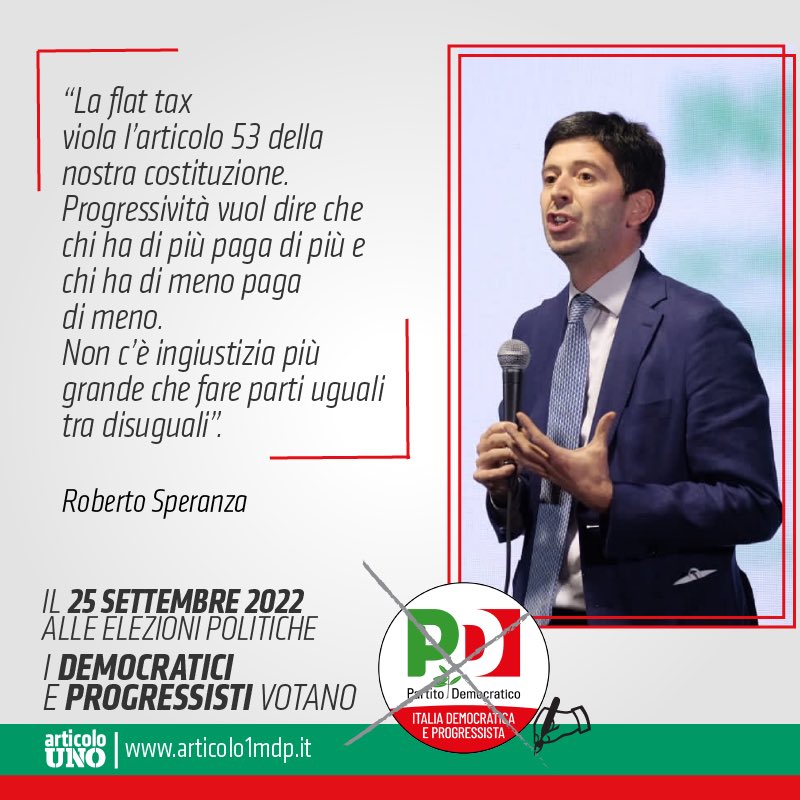 modemproPescara's tweet photo. Non c’è ingiustizia più grande che fare parti uguali tra disuguali. No alla flat tax, sì a un fisco progressivo per un’Italia più giusta. Articolo Uno è con l’Italia democratica e progressista. https://t.co/8MU4FDUzr4