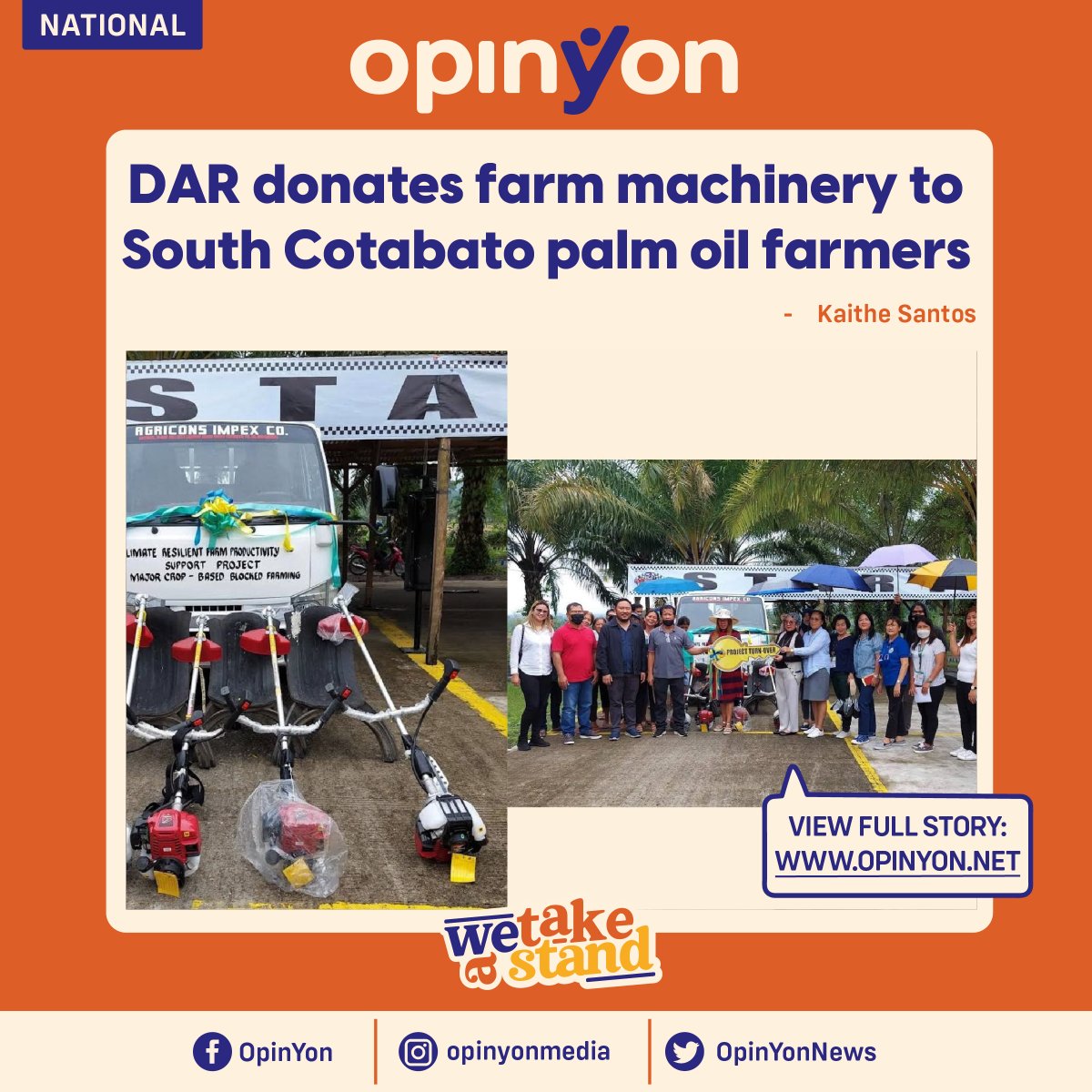 OpinYonNews's tweet photo. The Department of Agrarian Reform provides delivery trucks and grass cutters to increase the production of palm oil in South Cotabato.
Read more
https://t.co/PNpYAQgEi7
#DAR, #PalmOil, #BoostpProduction, #FarmMachineries https://t.co/M0E5g46z2H