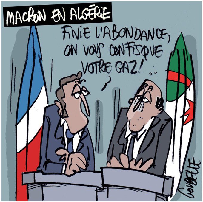 ma_ozdemir's tweet photo. "#Macron #Cezayir'de.
Macron Cezayir Cumhurbaşkanı Abdülmecid #Tebbun'a hitaben- Bolluk bereket devri bitti, gazınıza el koyuyoruz!"
Macron'un halktan tasarruf ve fedakarlık talep ederken "Bolluk bereket devri bitti" ifadesine atıf.  
#enerji https://t.co/lLhWGDqbC4