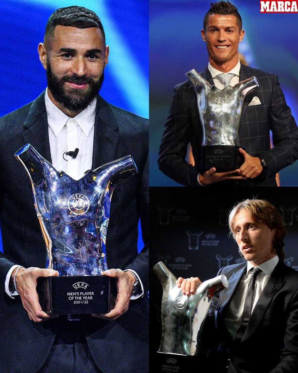 marca's tweet photo. 🥇 El @realmadrid es el primer y único club en tener tres ganadores diferentes del Jugador del Año de la UEFA:

🇵🇹 @Cristiano 
🇭🇷 @lukamodric10 
🇫🇷 @Benzema https://t.co/bYH9BrcJsk