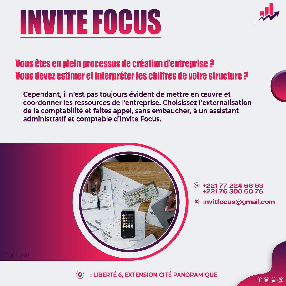 invite_focus's tweet photo. Nos services pour vous assurer une externalisation administrative et financière à moindre coût . 

 #comptabilité #assistancecomptable #assistanceadministrative #management #consulting #microentreprise #entreprise #event #entrepreneur #organisation https://t.co/bH2zotmd5n