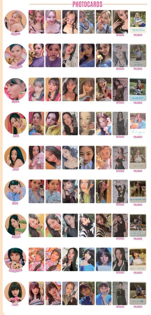 wts twice between 1&amp;2

< all photocard member &amp; version are from album poolings >

photocards - 120 ea
message card - 50 ea
polaroid - 50 ea

wts twice photocards between 1&amp;2
sana jihyo momo mina jeongyeon chaeyoung dahyun nayeon tzuyu

sfeta neta direct from trusted kr supp !