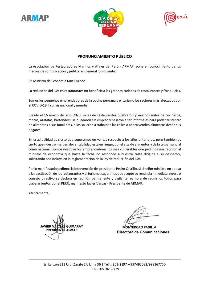 Armapoficial's tweet photo. ARMAP, mediante pronunciamiento al ministro de Economía Kurt Burneo, dejó en claro que la reducción del IGV en restaurantes no beneficia a las grandes cadenas de restaurantes y franquicias. (1/2) https://t.co/suiIhuG76a