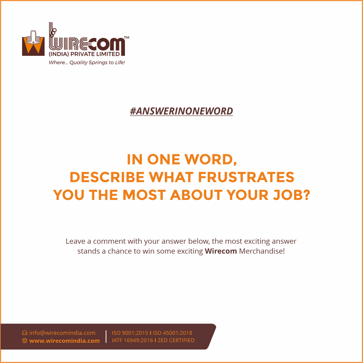 WirecomIndia's tweet photo. Frustration is common across every job, and the type of frustration varies from job to job.

Tell us in "ONE" word, what frustrates you the most?

#job #jobfrustration #jobfrustrations #frustration #worklife #worklifebalance #worklifebalancegoals #worklifestyle #workingculture https://t.co/Wq3Gsn4wyd