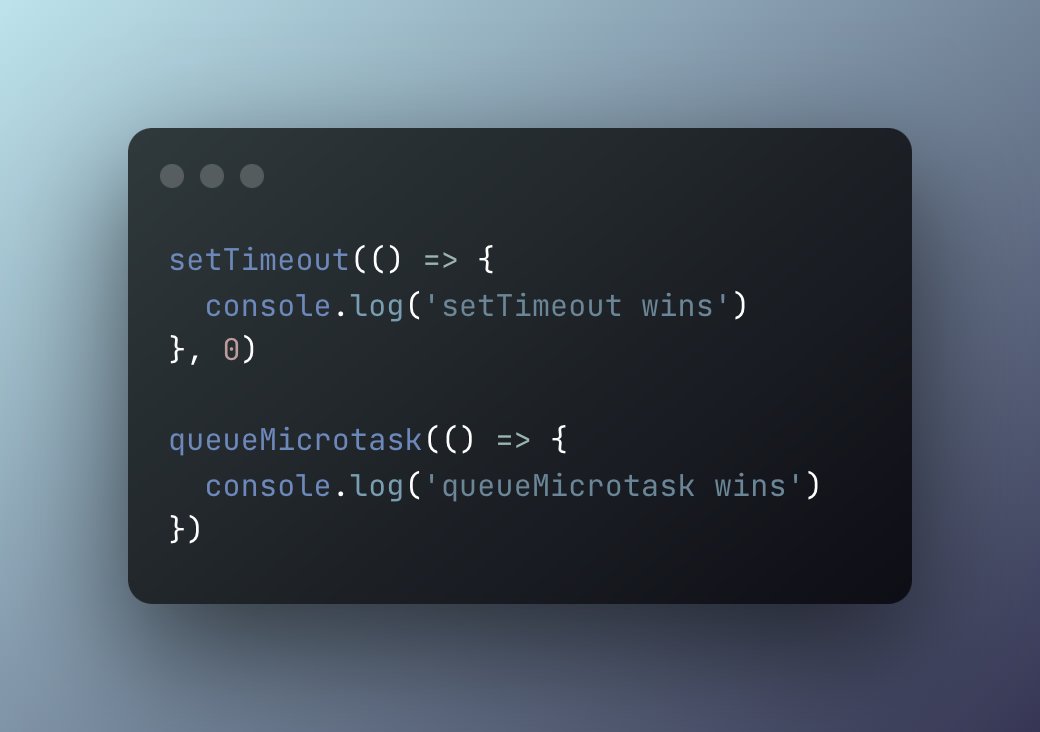 mbaljeetsingh's tweet photo. Which of the following prints firstโ
Hint: Tasks from queueMicrotask are called after the callstack is empty and before the event loop is called. Tasks from setTimeout are part of the eventQueue.
#queueMicrotask #setTimeout #javascript https://t.co/h40OhdZymo