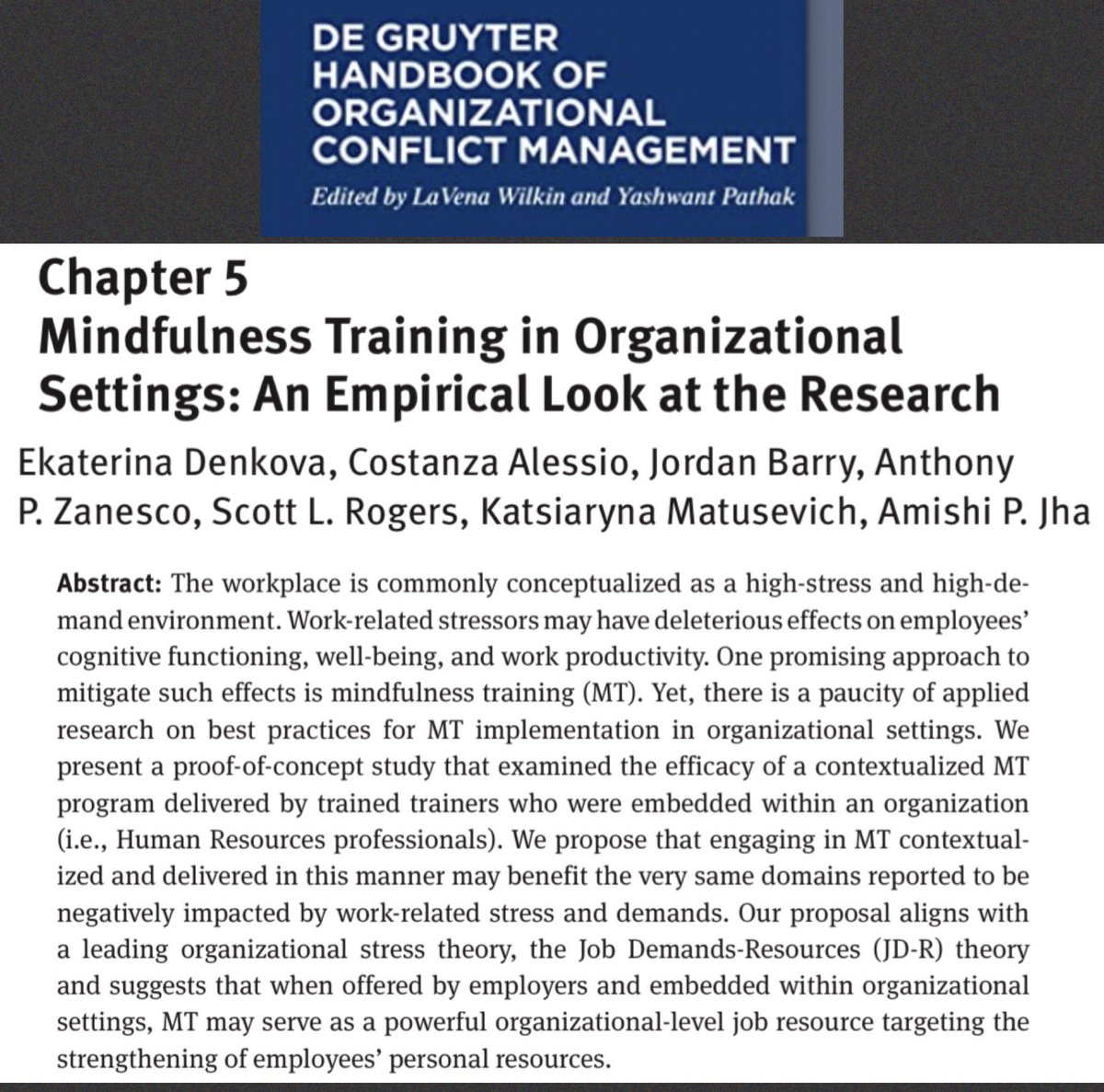 amishijha's tweet photo. New #jhalab study out! Train-the-trainer delivery of a short-form mindfulness program by human resources professionals improves employee attention, well-being, and self-efficacy.  Congrats co-authors!#stage1research #mbat #mindfulworkplace https://t.co/EFostuxcTg https://t.co/JOiO3w6KWA