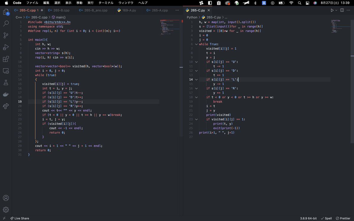 HotamMi's tweet photo. #ABC265 C問題Python書きかえできた!すごい大変だった…なんだかPythonの配列と仲良くなれない。とりあえず無理やり書いた感じ。
このCppは解説動画を参考に改良してあります。競技中は、踏んだマスを’X'に変えて、Xを踏んだらOUT的な組み方をしました。うまく回さないとTLE喰らいます。
#Python #Cpp https://t.co/j7rgjTEnmg